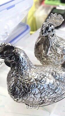 Antique Solid Silver Français Allemand Novelty Salt Pepper Chicken Rooster Figure