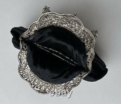Antique Sterling Silver Cherub Frame Black Moire Sac De Soirée Purse C. 1900