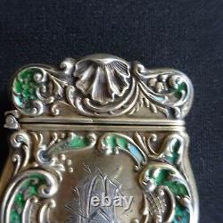 Antique Sterling Silver Vesta Gilt Émail Bleu Chatelaine Match Case Holder