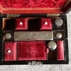 Antique Vanity Case Dressing Boîte Poinçonnés Argent 1840. Victorienne Tiroir Secret