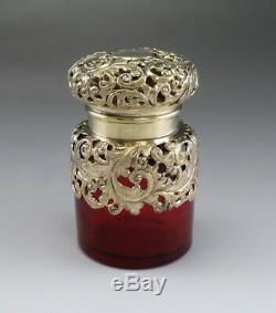 Antique Victorian 1893 Argent Sterling Ruby Rouge Verre Parfum / Bouteille Cologne