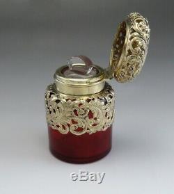 Antique Victorian 1893 Argent Sterling Ruby Rouge Verre Parfum / Bouteille Cologne