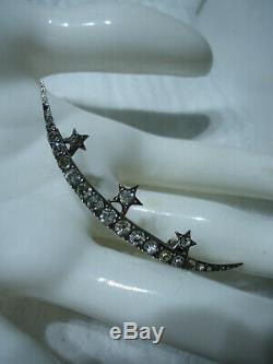 Antique Victorian 900 Argent Diamant Pâte Crescent Moon Etoiles 2.2 Broche 5,7cm