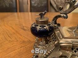 Antique Victorian Allemand Argent Massif 900 Encrier Avec Cheval Figurine