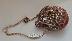 Antique Victorian Cranberry Gold Guilded Chatelaine Scent Parfum Bouteille C1880s