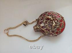 Antique Victorian Cranberry Gold Guilded Chatelaine Scent Parfum Bouteille C1880s