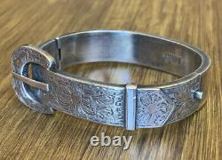Antique Victorian Edwardian Sterling Buckle Bangle Cuff Bracelet Gravé Silver