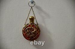 Antique Victorian Red Glass And Gilt Caged Scent Perfume Chatelaine Bottle C1890