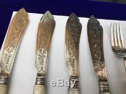 Antique Victorienne Hm Argent Massif Nacre Couteaux Poisson Forks Gravez Couverts