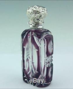 Antiquité Victorienne Argentée Et Verre Superposé Parfum Bouteille Parfum Violet