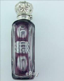 Antiquité Victorienne Argentée Et Verre Superposé Parfum Bouteille Parfum Violet