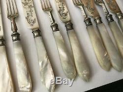Antiquité Victorienne Hm Argent Massif Mère Pearl Couteaux Fourchettes Ivy Gravées Couverts