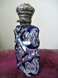 Argent Victorien Antique & Superposition De Verre Parfum Scent Bouteille Bleu