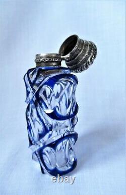 Argent Victorien Antique & Superposition De Verre Parfum Scent Bouteille Bleu