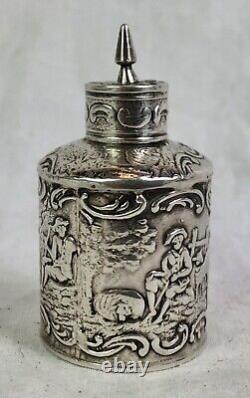Boîte à thé miniature antique en argent massif, repoussée, hollandaise / anglaise, victorienne.