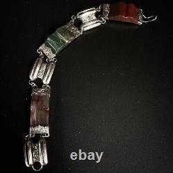 Bracelet en argent massif de l'époque victorienne écossaise, testé avec pierres dures en agate, longueur de 18,5 cm.