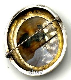 Broche antique victorienne en agate dendritique émaillée en argent massif avec poinçon de garantie