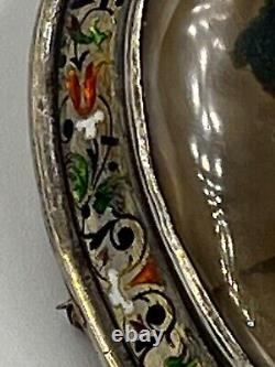 Broche antique victorienne en agate dendritique émaillée en argent massif avec poinçon de garantie