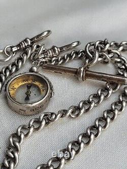 Chaîne de montre de poche en argent sterling double victorienne antique avec breloque compas