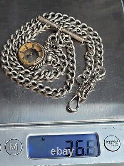 Chaîne de montre de poche en argent sterling double victorienne antique avec breloque compas