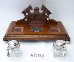 Edwardian Royal Dublin Fusiliers Link Sterling Silver Mounted Oak Inkwell Stand