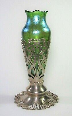 Loetz Vase En Verre Papillon Avec Argent Sterling Meriden Britannia Co Stand Vers 1900's