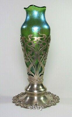 Loetz Vase En Verre Papillon Avec Argent Sterling Meriden Britannia Co Stand Vers 1900's