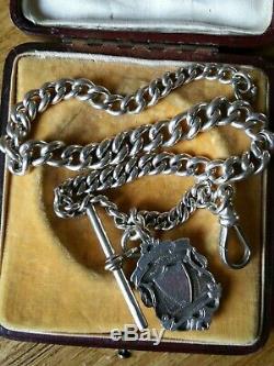 Lourde Antique Poinçonnés Argent Massif Albert Pocket Watch Chain & Fob