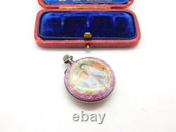 Montre de poche antique en argent sterling victorienne avec émail guilloché et scène romantique