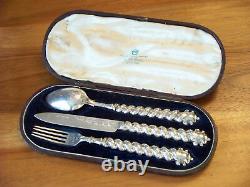 Orné Victorien 1850 Hm Antique Silver Baptême Cutlery Set Original Box