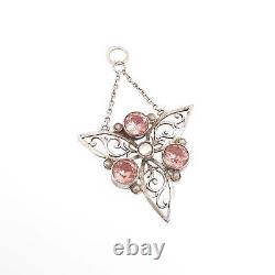 Pendentif en argent massif victorien antique avec pâte rose, collier artisanal Arts and Crafts Graines