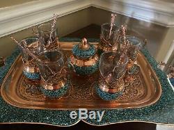 Persan Tea Set Turquoise Stone & Copper Fabriqué Par Maître M. Aghajani