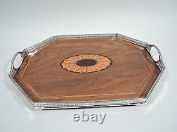 Plateau Victorien Antique Regency Tea Marquetry Anglais Sterling Silver Wood
