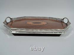 Plateau Victorien Antique Regency Tea Marquetry Anglais Sterling Silver Wood