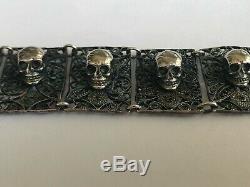 Rare Antique 19ème Siècle Victorien Argent Massif Memento Mori 9 Crânes Bracelet