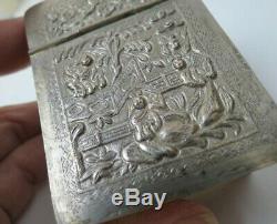 Rare Antique Figural Chinois En Argent Sterling Mirrored Maquillage Compact Avec Tiroir