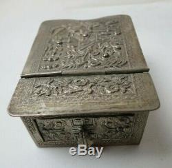 Rare Antique Figural Chinois En Argent Sterling Mirrored Maquillage Compact Avec Tiroir