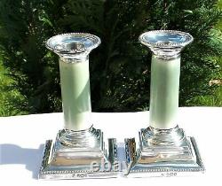 Rare Paire Victorian Martin Hall & Co Solid Silver & Green Stained Candlesticks