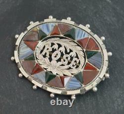 Scottish Victorian Silver Banded Agates & Bloodstone Rose Broche