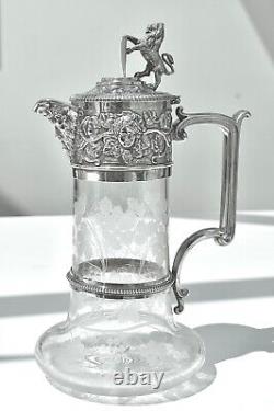 Splendide Cruche à Claret en plaqué argent de l'époque victorienne, Elkington & Co, verre gravé de vigne