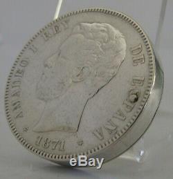Sterling Argent 1871 Espagnol Rare 5 Pesetas Coin Allume Antique C1920