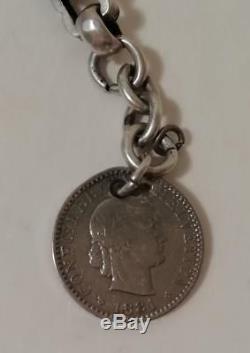 Un Antique Silver Albert Montre Chaîne & Attached Fob Coin Suisse C1885