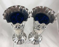 Vases Posy En Argent Et En Verre Bleu Victorien Jd&s Sheffield 1900 13,8cm Aezx